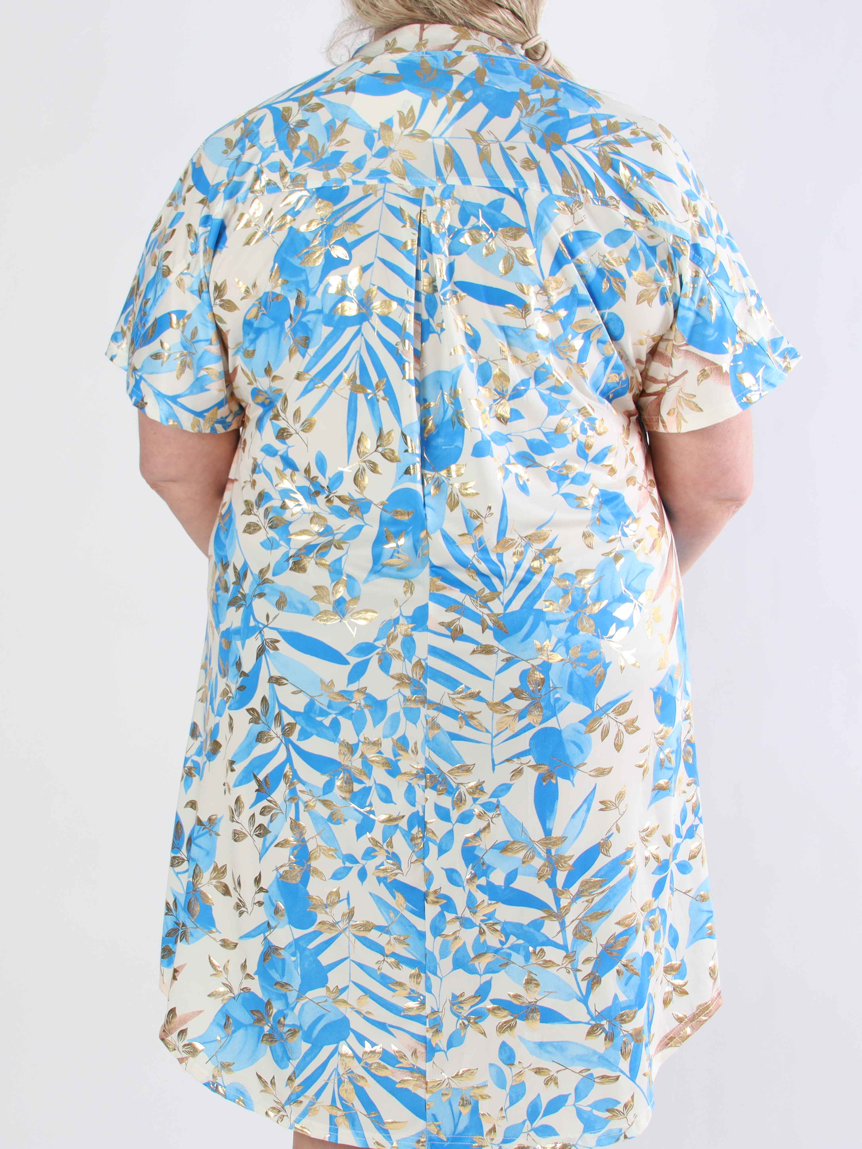 Ebba Gold Leaf Sleeveless - Plus size skjortklänning i stretchigt tyg med bladtryck